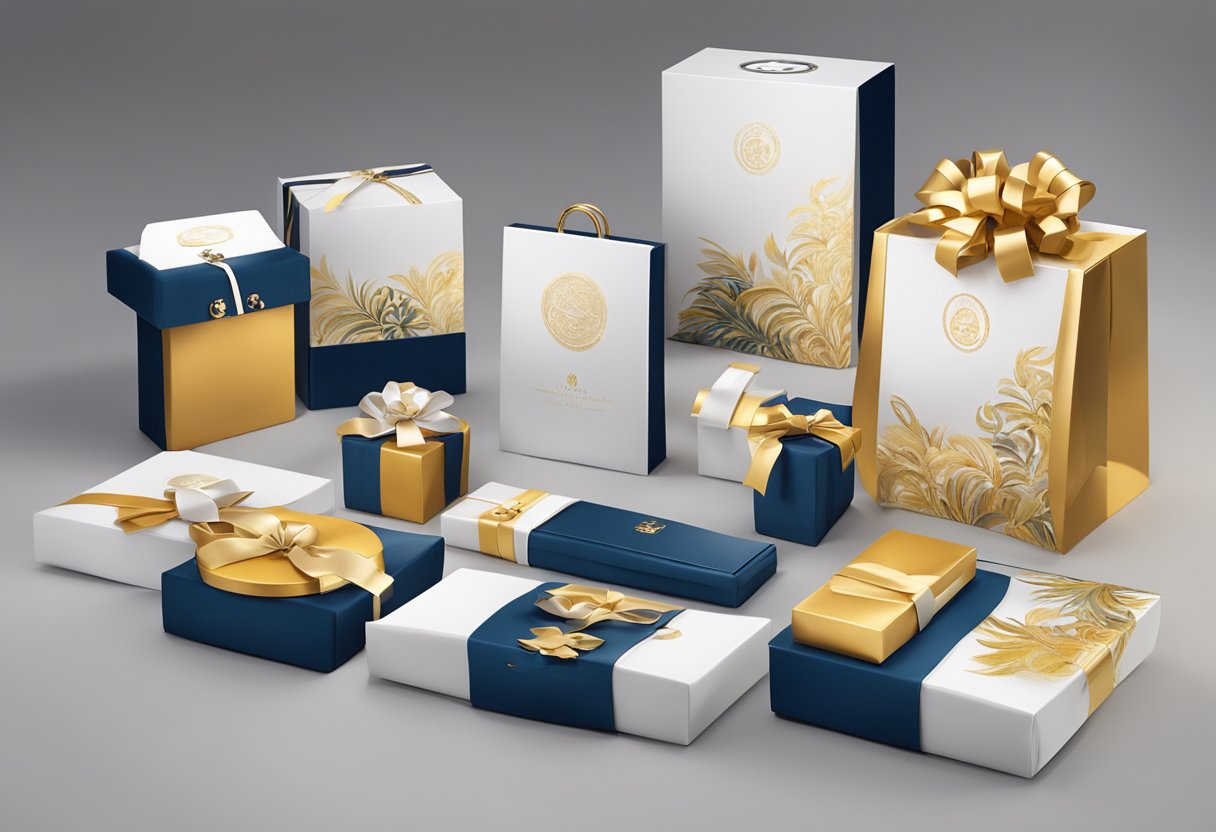 A table adorned with elegant corporate gifts, including custom-branded items and luxurious packaging, creating a memorable gifting experience