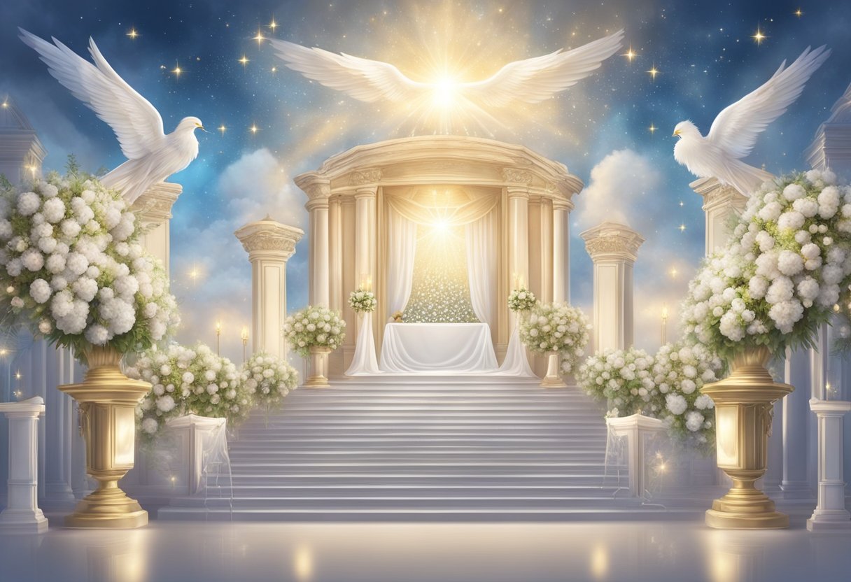 A heavenly scene with angelic decorations and celestial elements for a wedding or corporate event planner