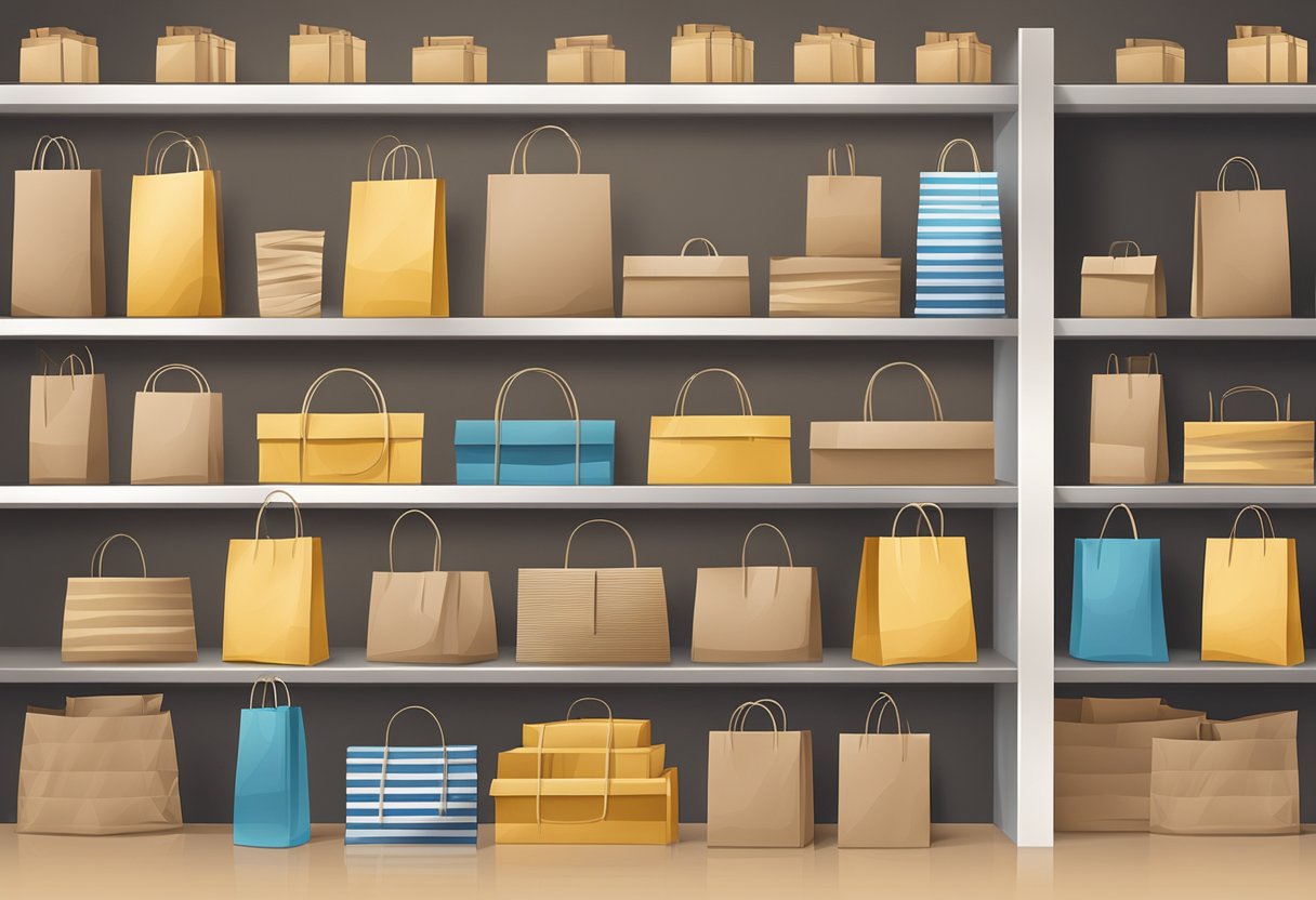 Printed paper bags stacked on a shelf