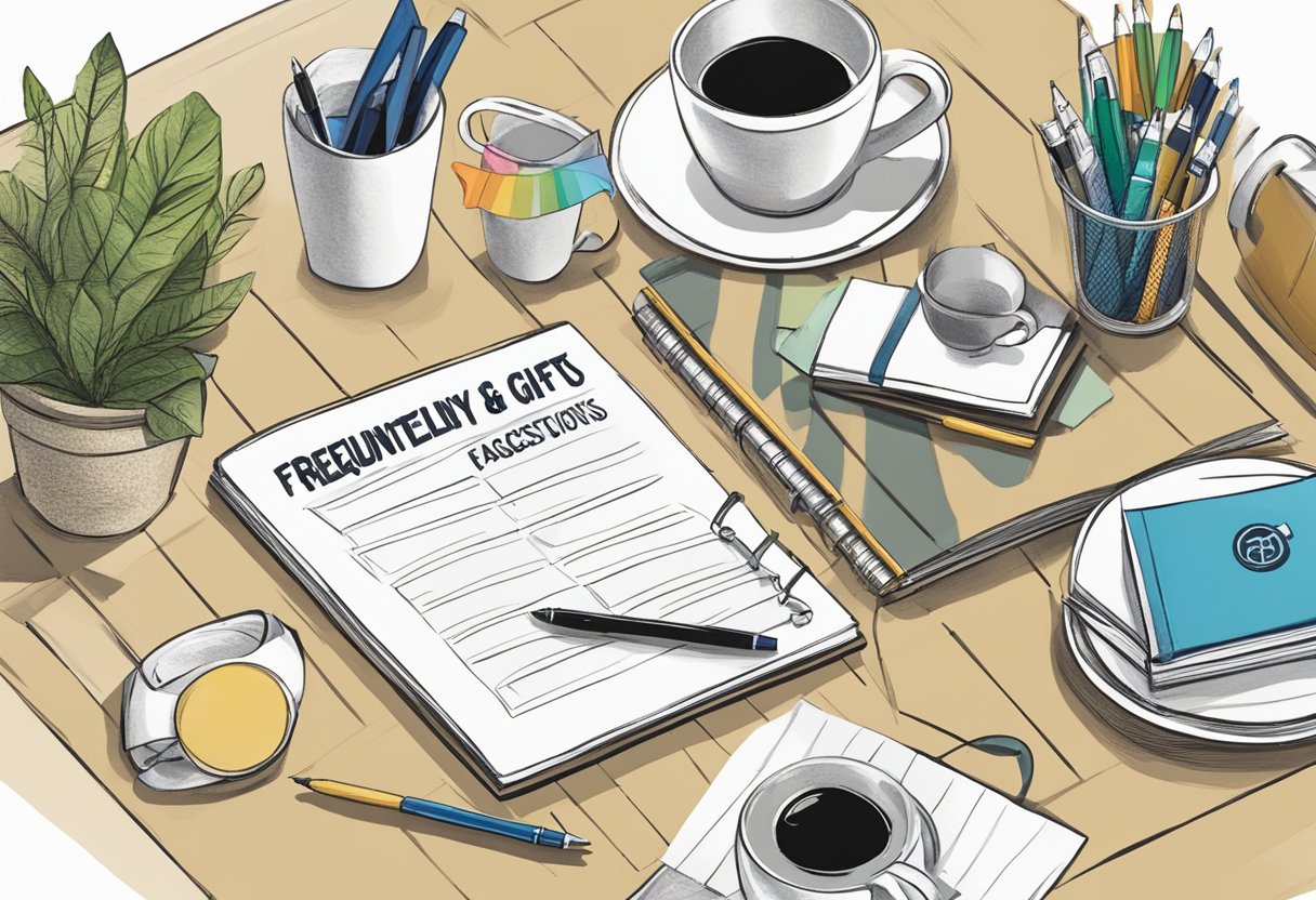 A table with various corporate gifts displayed: mugs, pens, notebooks, and gift baskets. A sign reads "Frequently Asked Questions about corporate gifts."