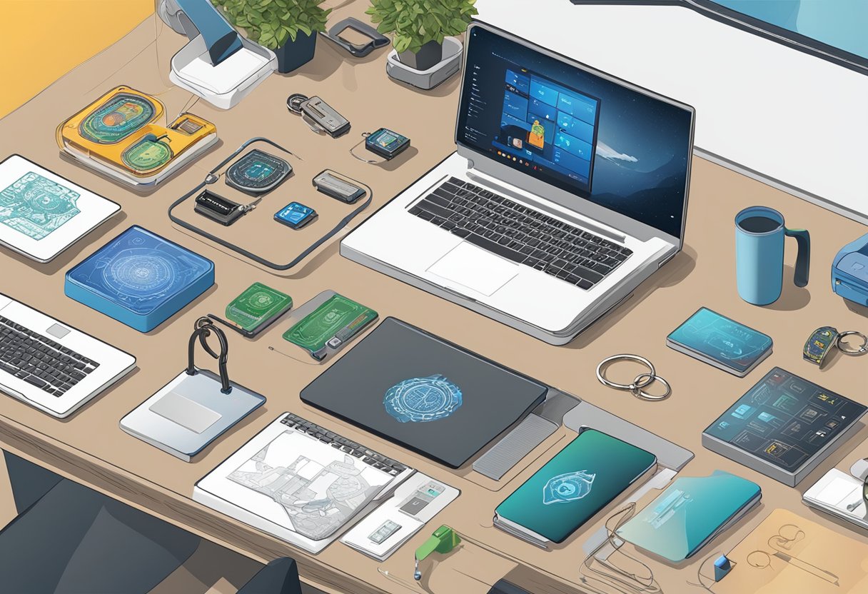 A table with various keychain designs, a computer with design software, and a person customizing keychains with a laser engraving machine
