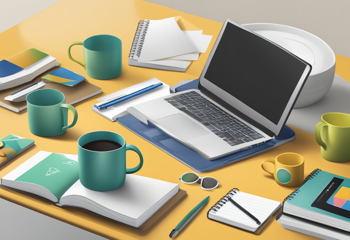 A table displaying branded items like mugs and notebooks, with a company logo prominently featured