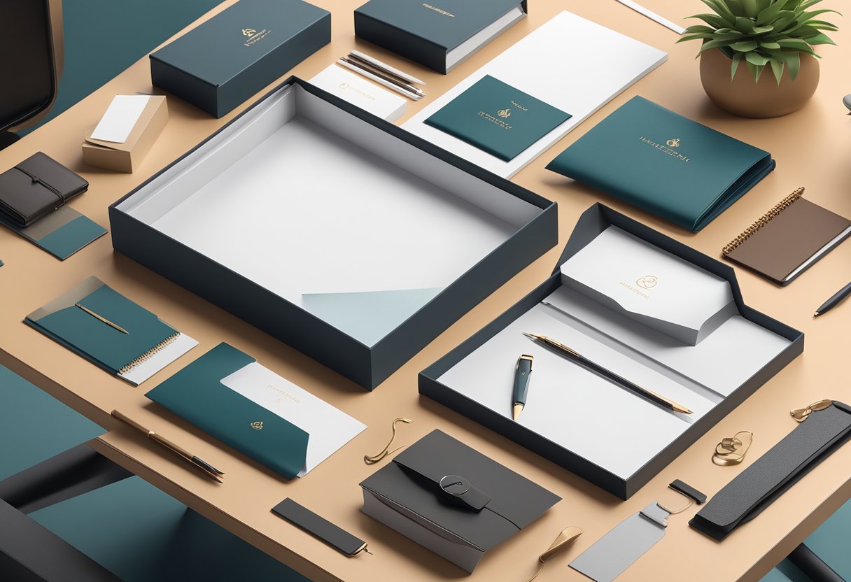 A sleek leather corporate gift box sits on a modern desk, surrounded by elegant stationery and branded merchandise