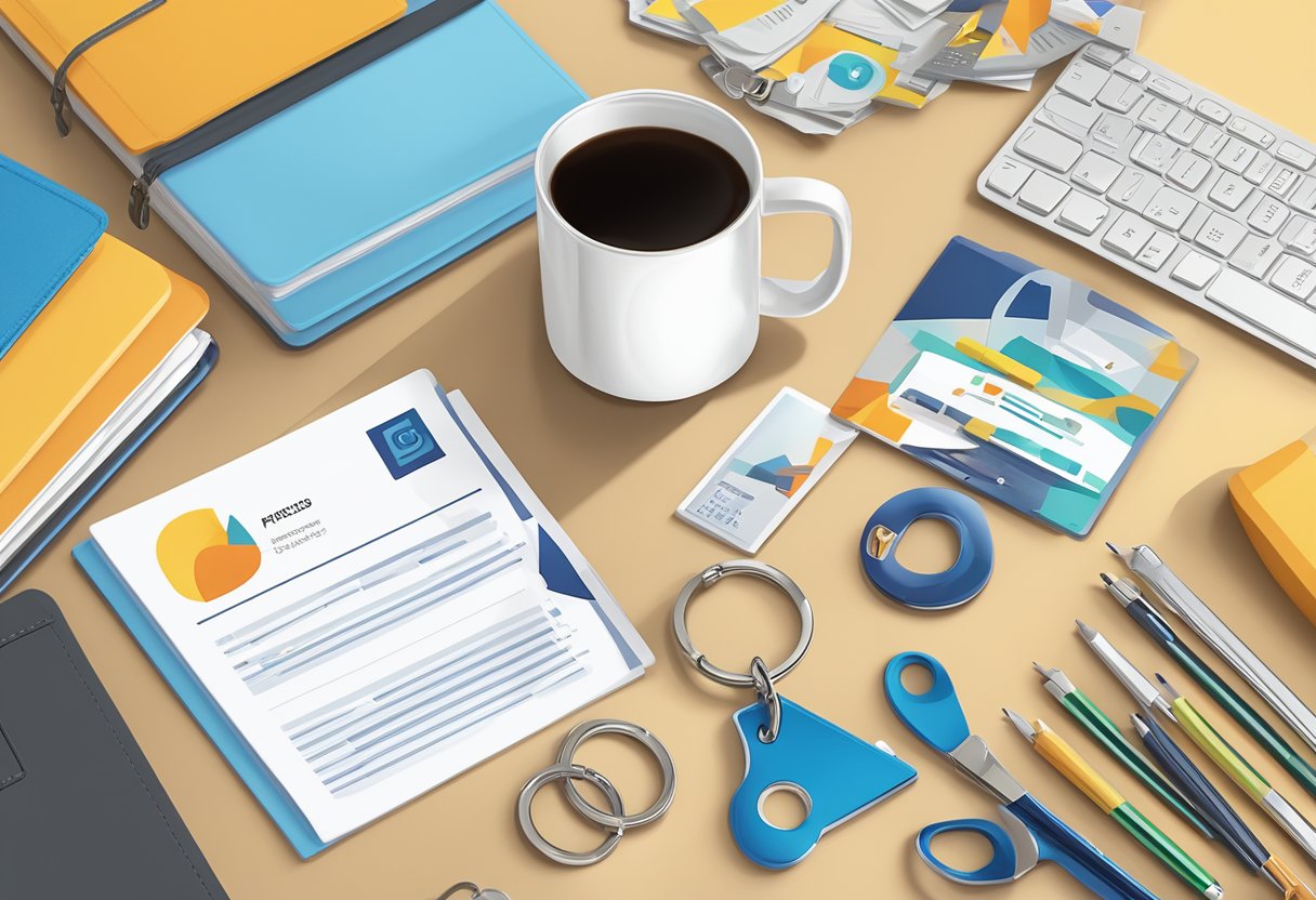 A keychain with "Frequently Asked Questions" logo sits on a sleek corporate desk, surrounded by office supplies and a branded mug