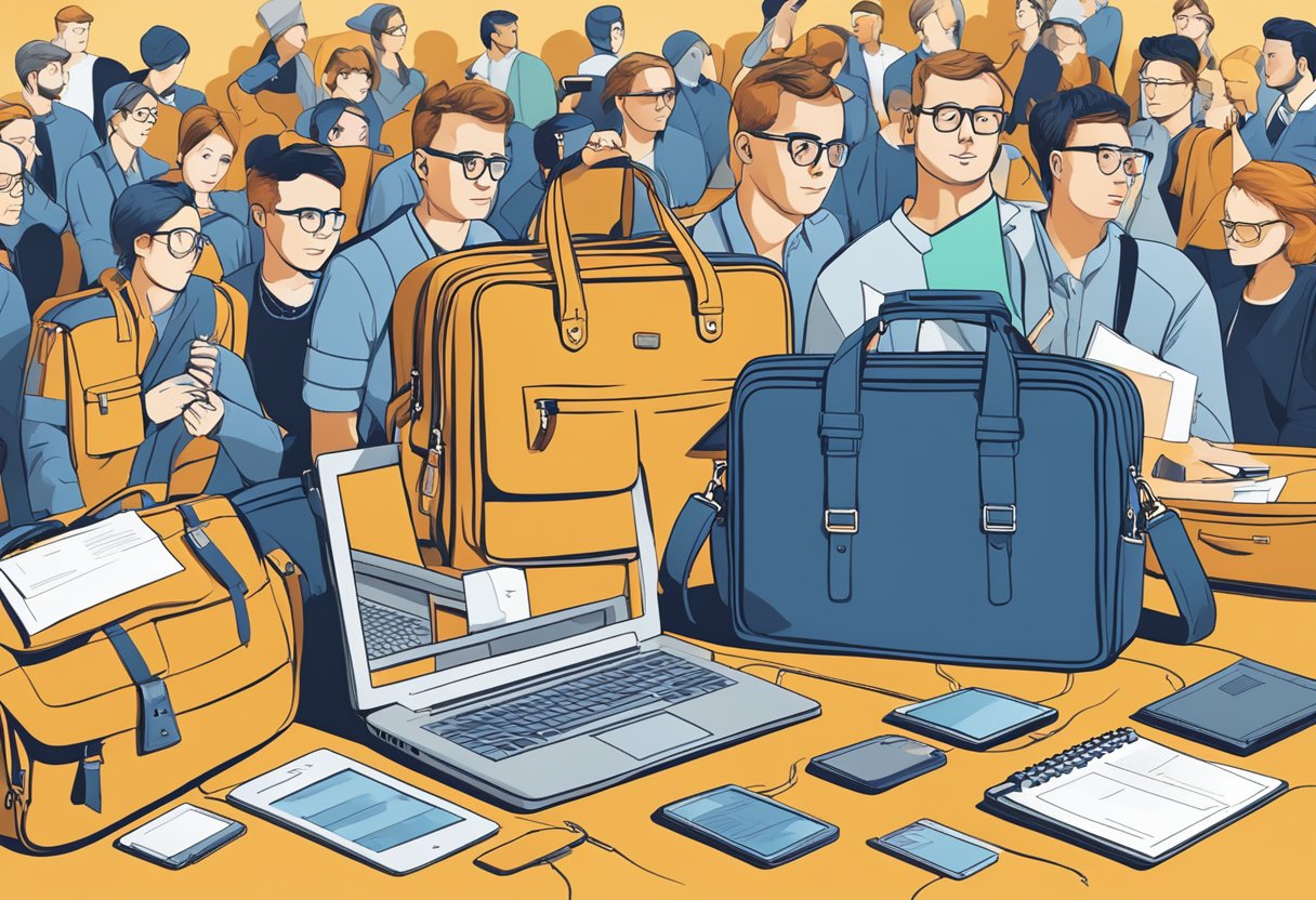 A laptop bag surrounded by question marks and a crowd of curious onlookers