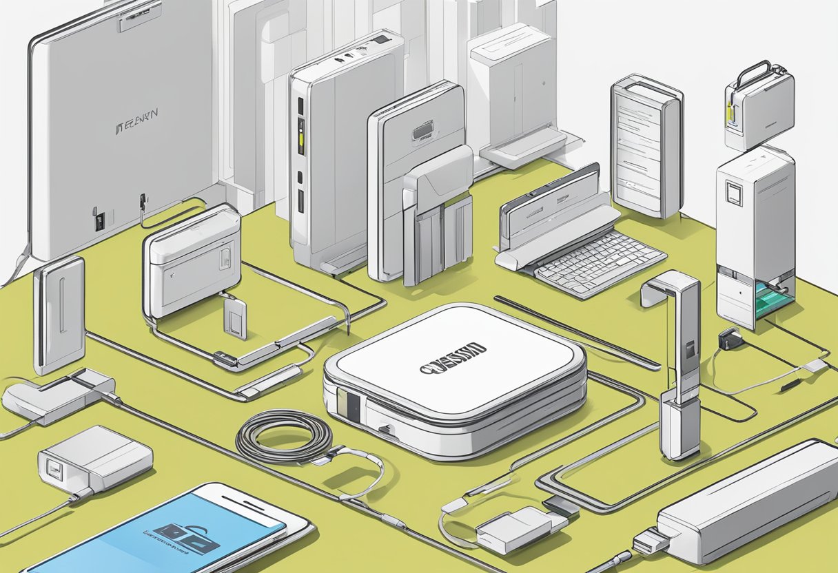 A sleek standing charger surrounded by various corporate gifts, with a "Frequently Asked Questions" sign nearby