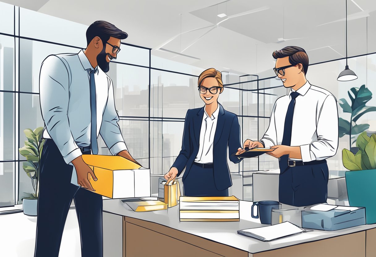 A group of professionals exchanging branded corporate gifts in a well-lit office setting