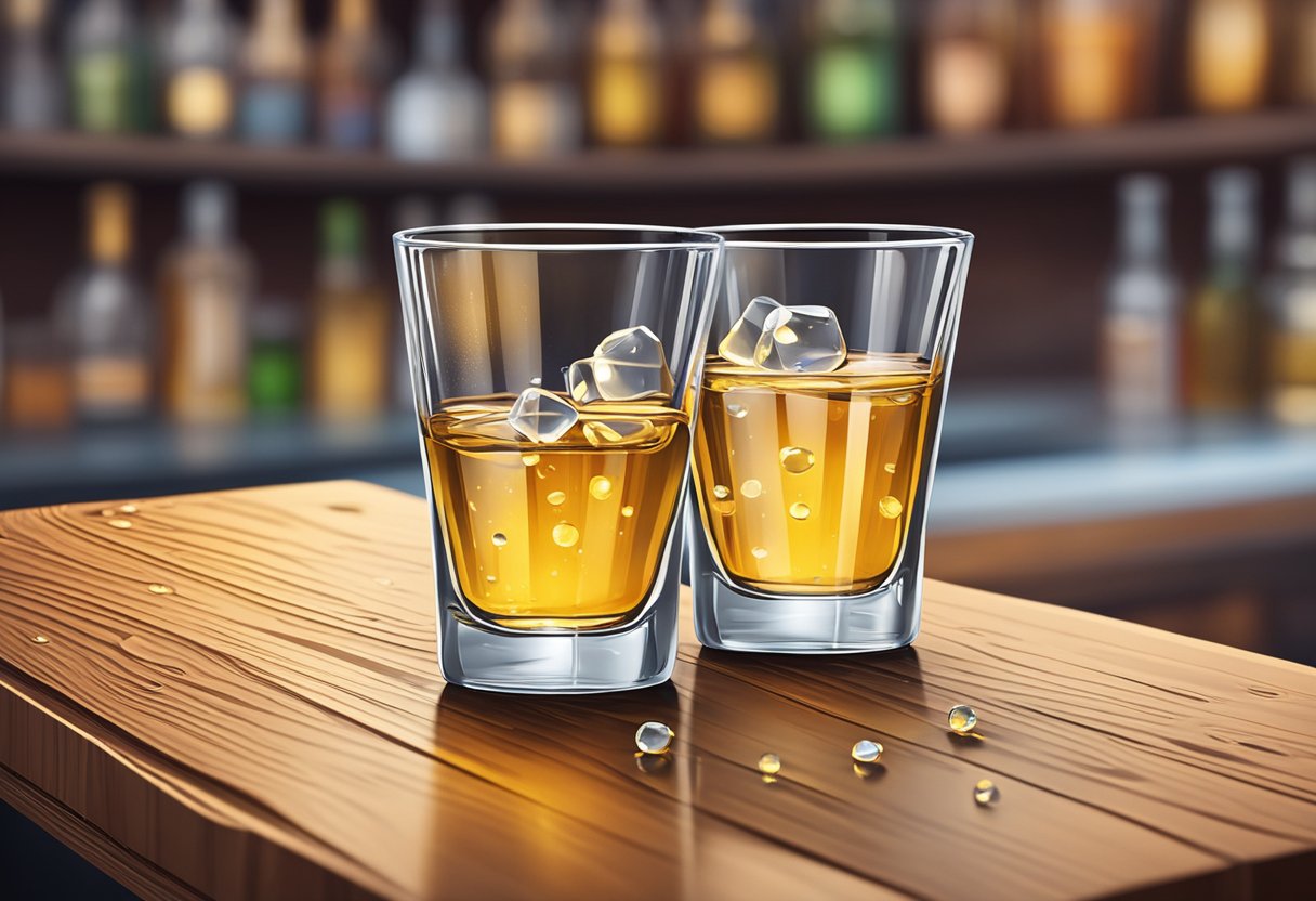 A shot glass with a custom design sits on a wooden bar counter, surrounded by spilled liquor droplets