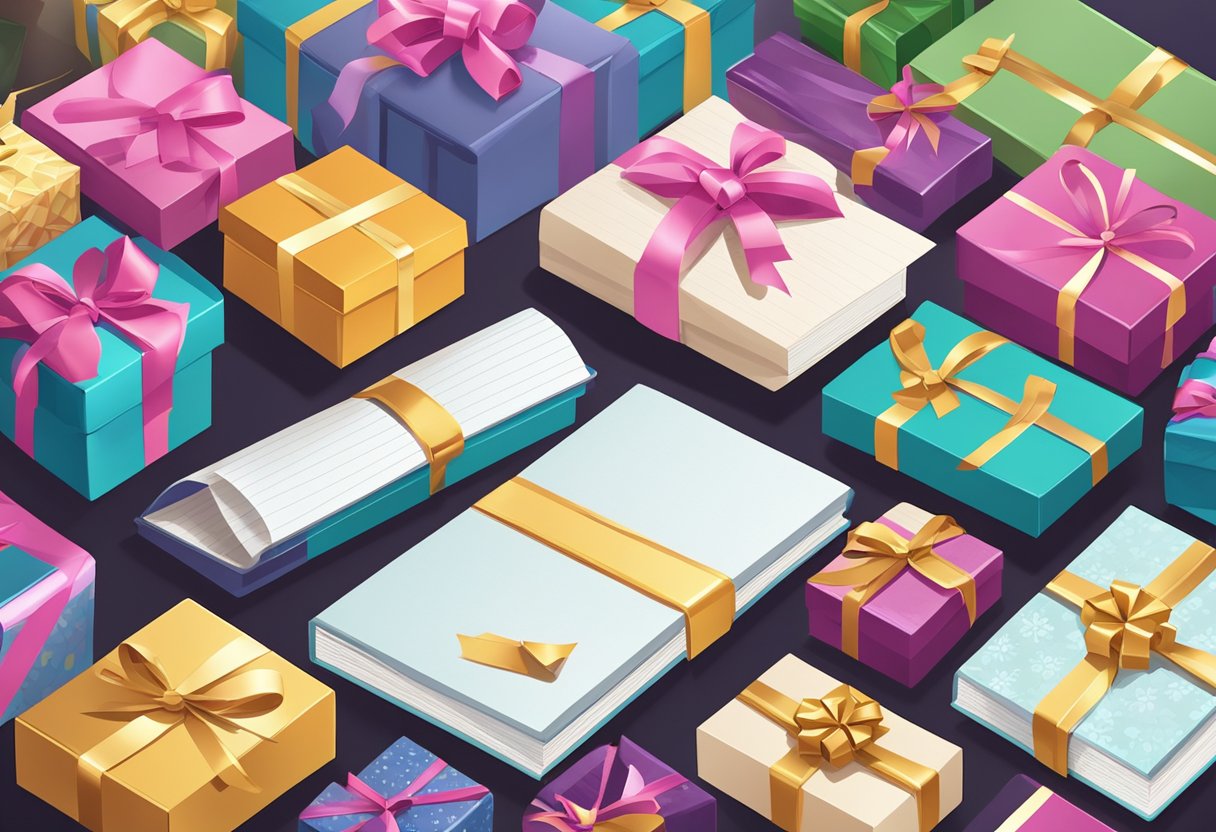 A table cluttered with colorful ribbons, shiny wrapping paper, and elegant gift boxes. A stack of personalized notebooks and engraved pens sits nearby