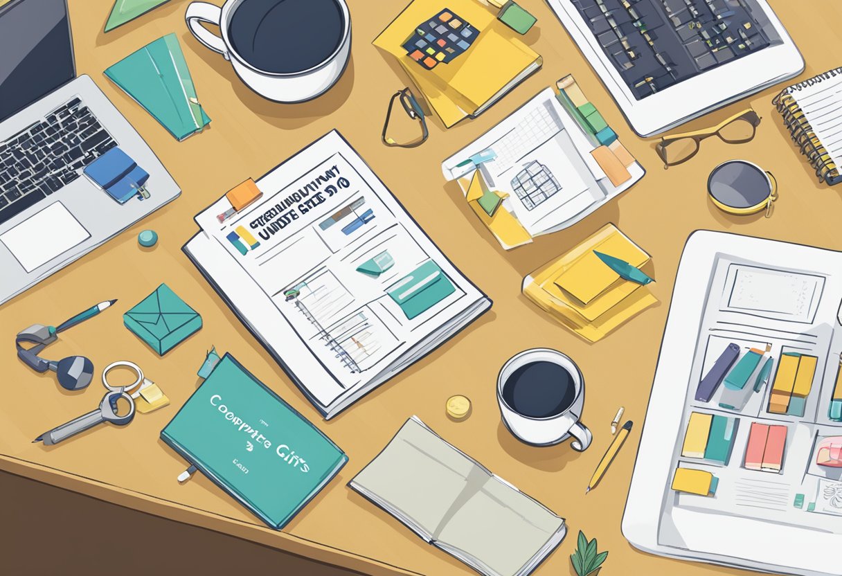 A table with various small corporate gifts under $10, such as mugs, pens, and keychains. A sign reads "Frequently Asked Questions corporate gifts under 10."