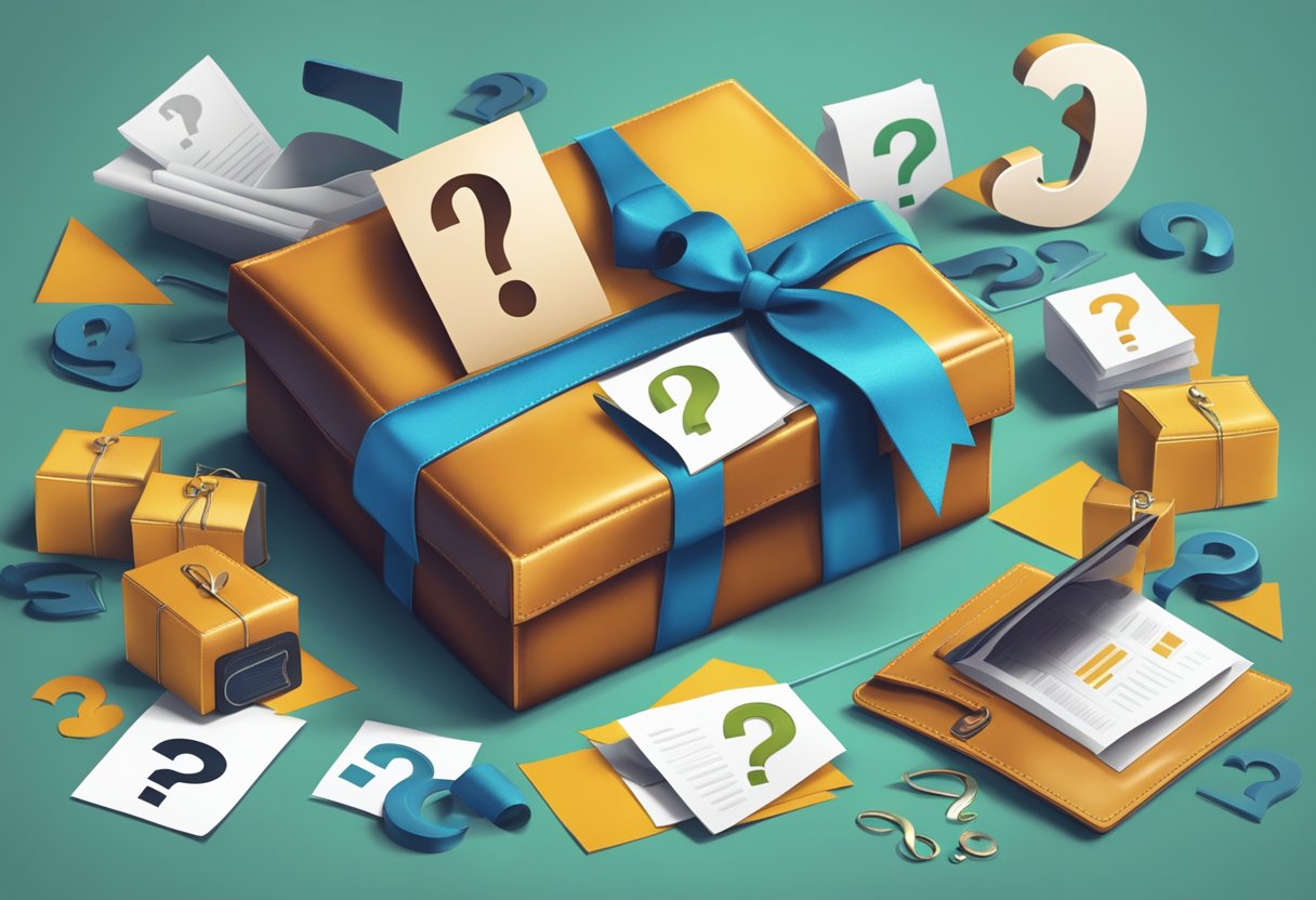 A leather corporate gift surrounded by question marks and a "Frequently Asked Questions" sign