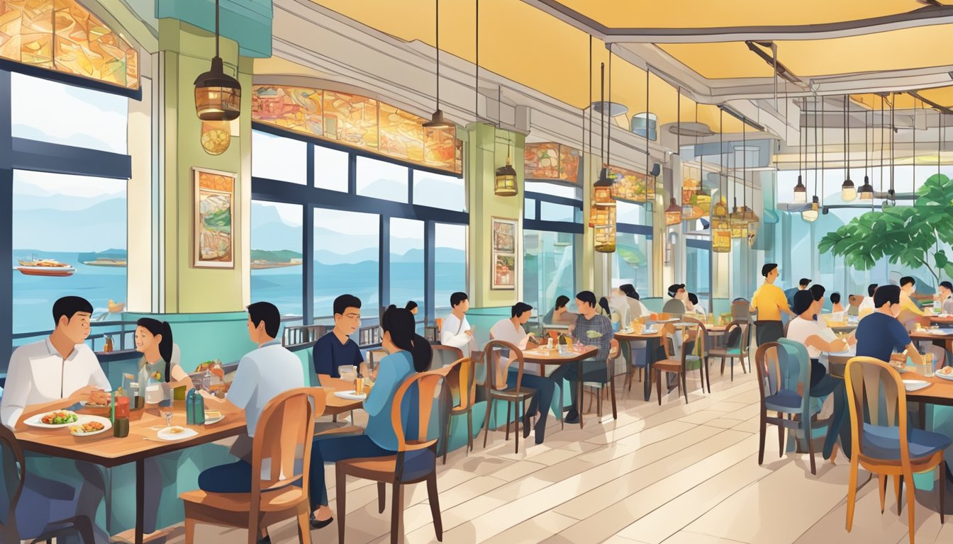 A bustling seafood restaurant in Singapore, with colorful decor and tables filled with delicious dishes