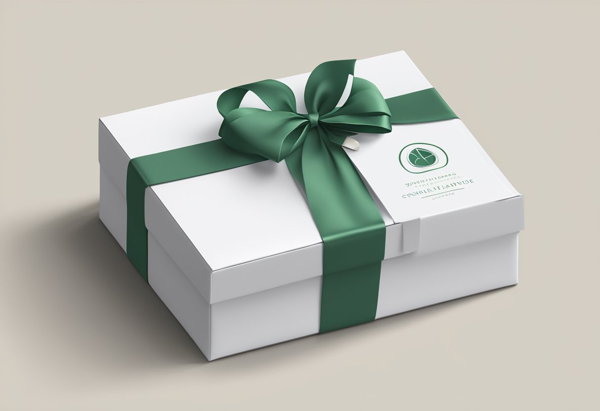 A corporate gift box sits on a desk, wrapped in elegant packaging with a company logo. A ribbon and a personalized note add a thoughtful touch