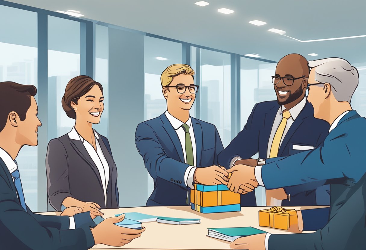 A group of business professionals exchanging branded gifts in a conference room, smiling and shaking hands
