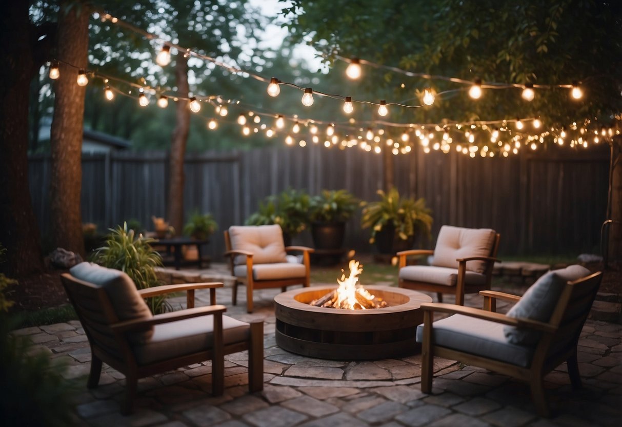 A backyard with string lights hanging from trees and a fire pit surrounded by cozy seating