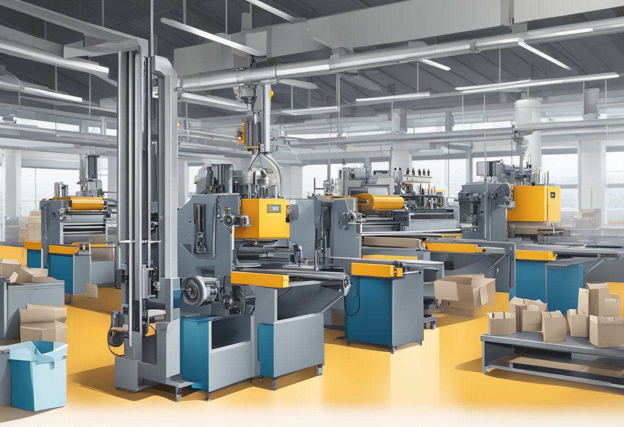 Machinery printing and assembling paper bags in a factory setting