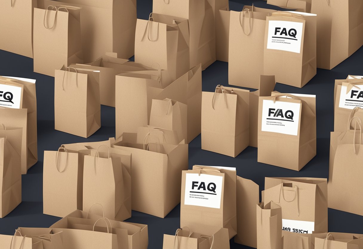 FAQ print on paper bags in a stack, with bold lettering and clean design, ready for distribution