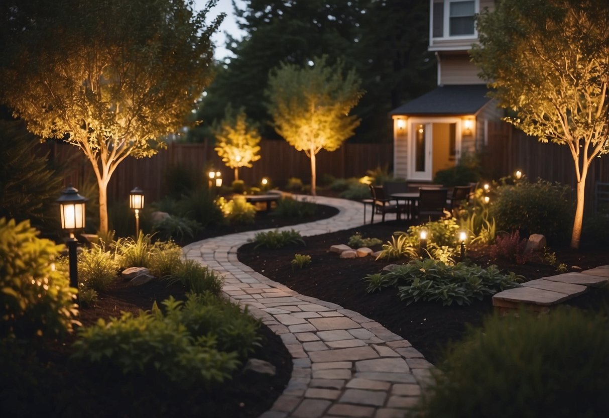 A backyard garden with a variety of outdoor lighting fixtures illuminating pathways, trees, and seating areas. The lights create a warm and inviting ambiance, highlighting the natural beauty of the landscape