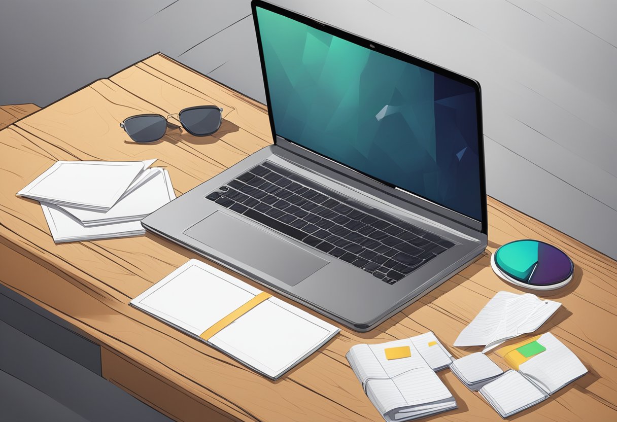 A laptop cover sits on a wooden desk, surrounded by scattered papers and a pen. The cover is closed, with a sleek design and a small logo in the center