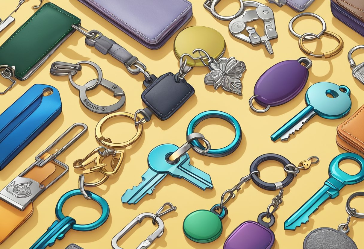 A colorful display of keychain gift ideas arranged on a table, featuring various shapes, sizes, and materials such as metal, leather, and plastic