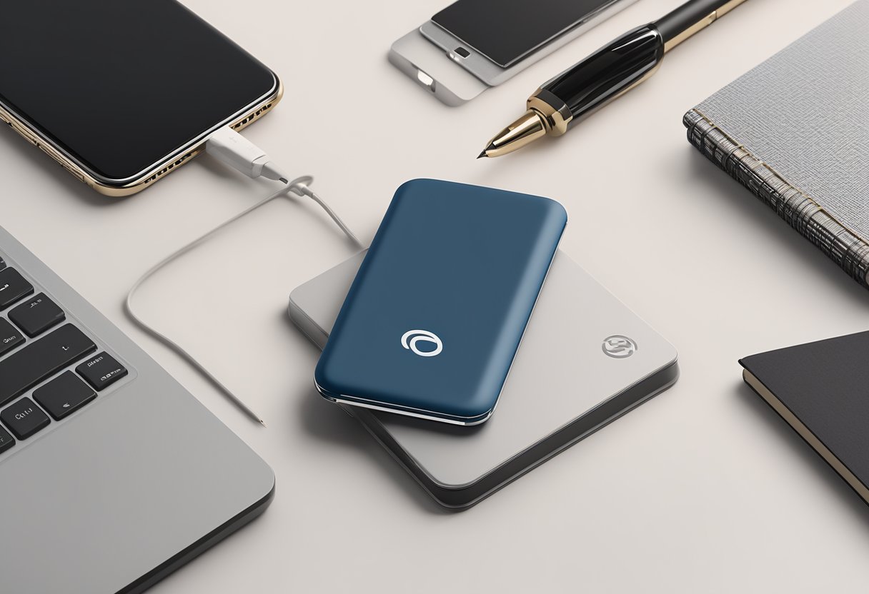 A sleek qi charger branded with a corporate logo sits on a desk next to a stack of branded notebooks and a pen, ready to be given as a professional gift