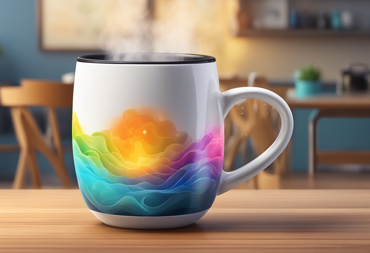 A customized double wall mug sits on a wooden table, steam rising from the hot drink inside. The mug features a unique design and vibrant colors