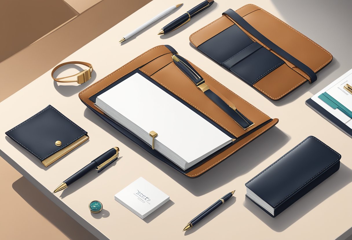 A desk adorned with leather corporate gifts: a sleek portfolio, a stylish pen set, and a sophisticated business card holder
