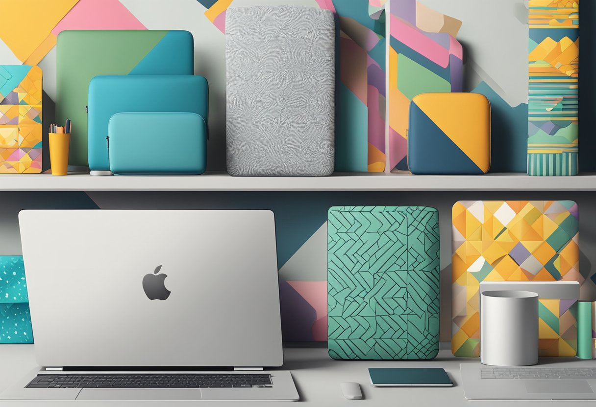 A variety of laptop covers are neatly displayed on a shelf, showcasing different colors, patterns, and materials