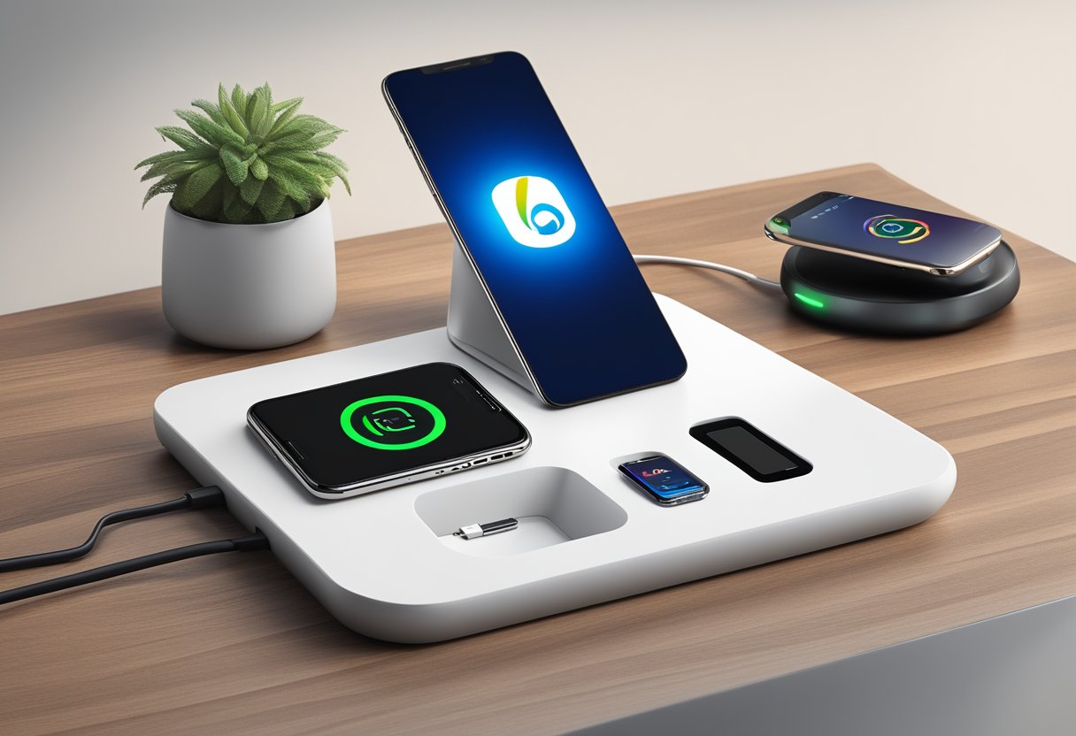A sleek, modern office desk with a smartphone placed on a Qi charger. The charger is branded with a company logo, surrounded by other tech accessories
