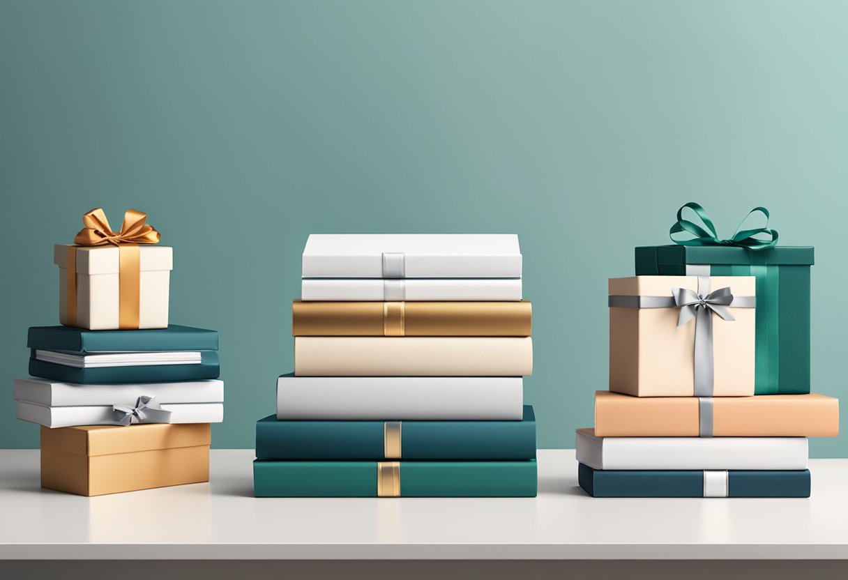 A stack of branded "Frequently Asked Questions" booklets sits on a sleek corporate desk, surrounded by elegant gift wrapping and a ribbon