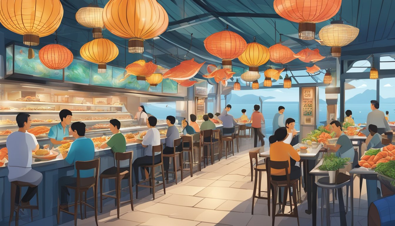 A bustling seafood restaurant in Singapore with colorful decor, hanging lanterns, and a display of fresh seafood on ice