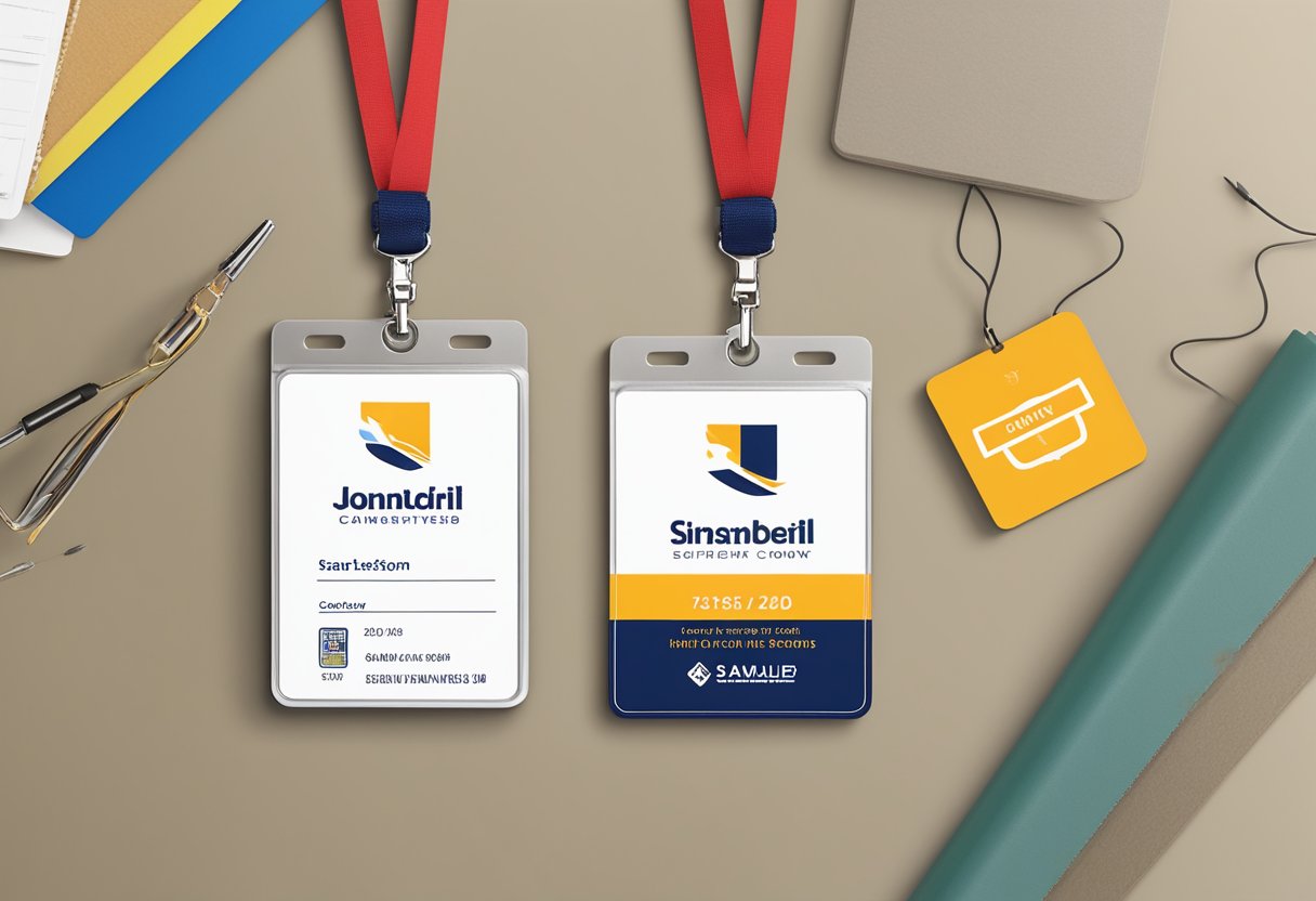 A customized lanyard card holder hangs from a desk, displaying a company logo