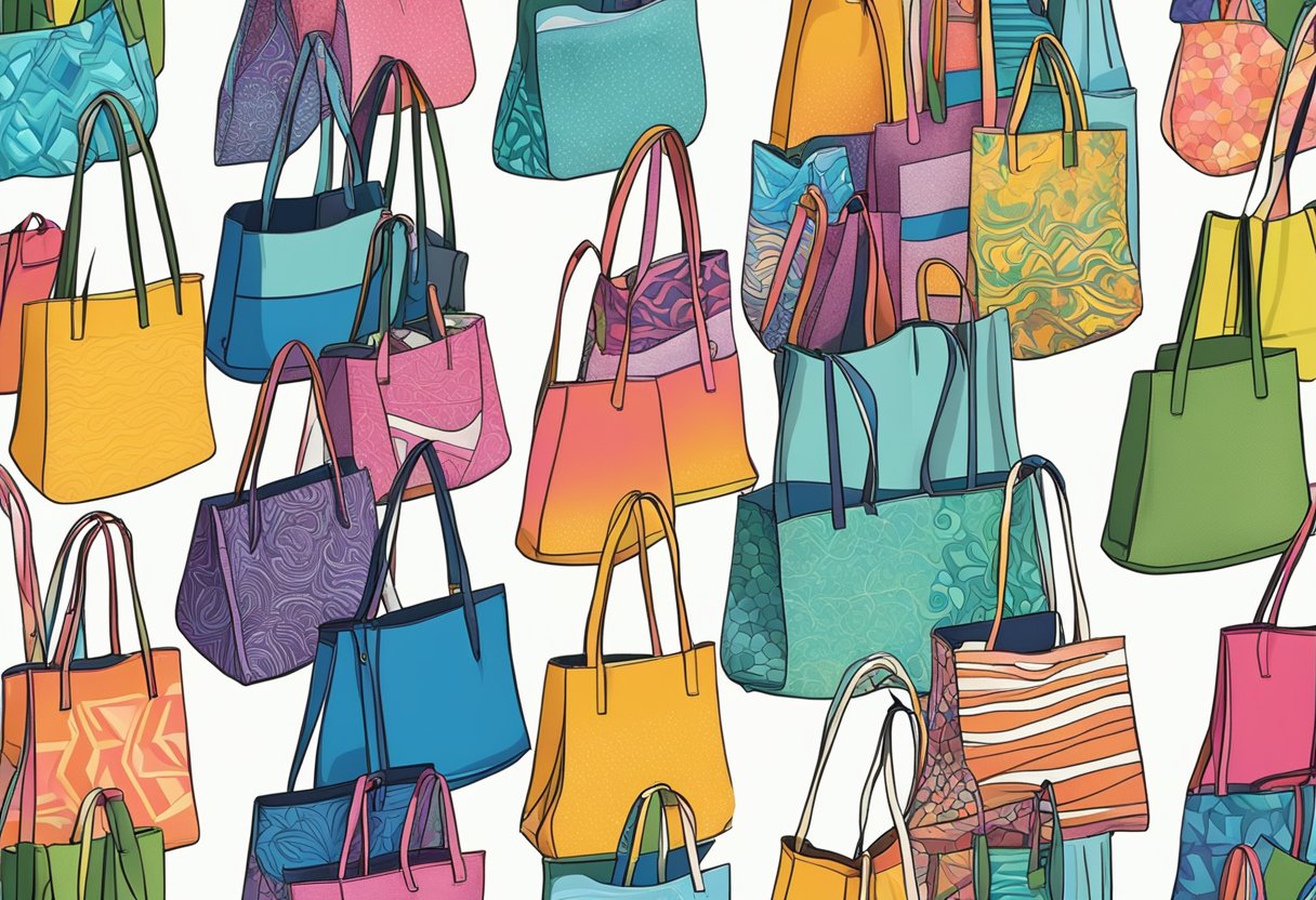 Colorful tote bags arranged in a row, each with unique designs and patterns. Some bags have personalized names or images, while others feature vibrant colors and abstract shapes