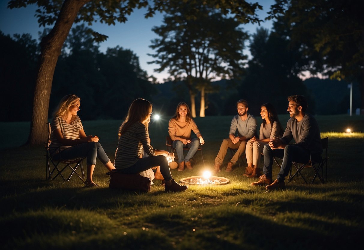 A group of people engage in various outdoor activities, illuminated by a variety of creative outdoor lighting ideas. The scene showcases the integration of lighting with nature and recreation