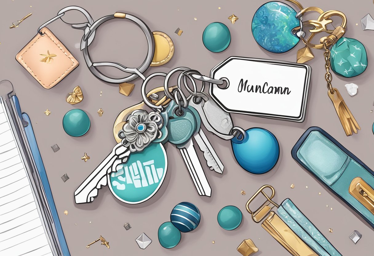 A keychain with a personalized name tag attached, surrounded by small trinkets and charms