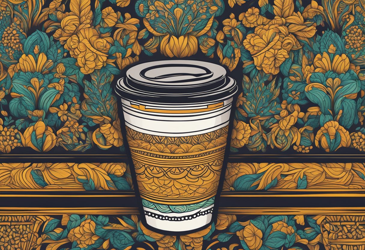 A customised coffee tumbler sits on a wooden table, adorned with intricate designs and vibrant colors. Steam rises from the freshly brewed coffee inside, creating a cozy and inviting atmosphere