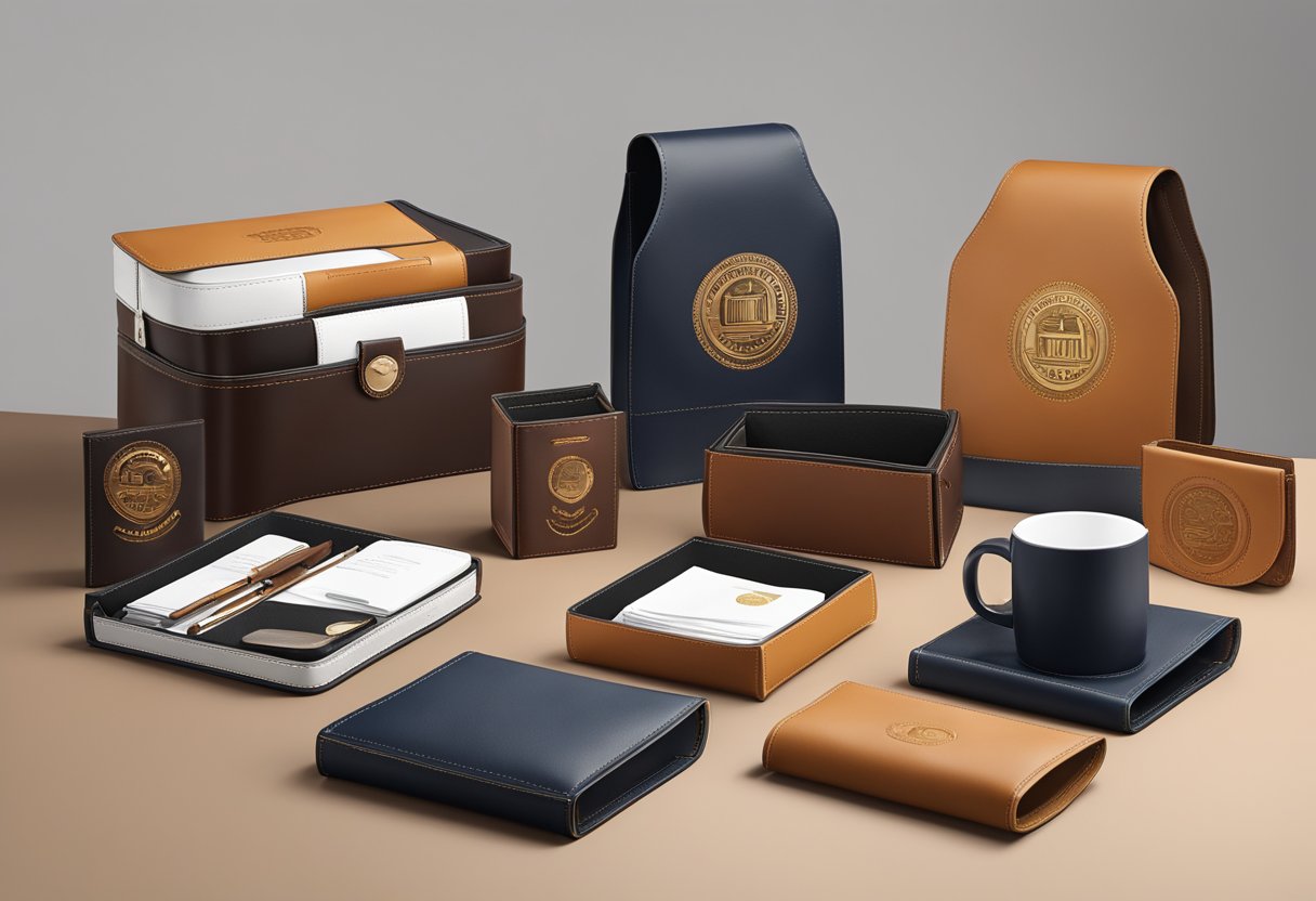 A table displays various leather gift options with corporate branding
