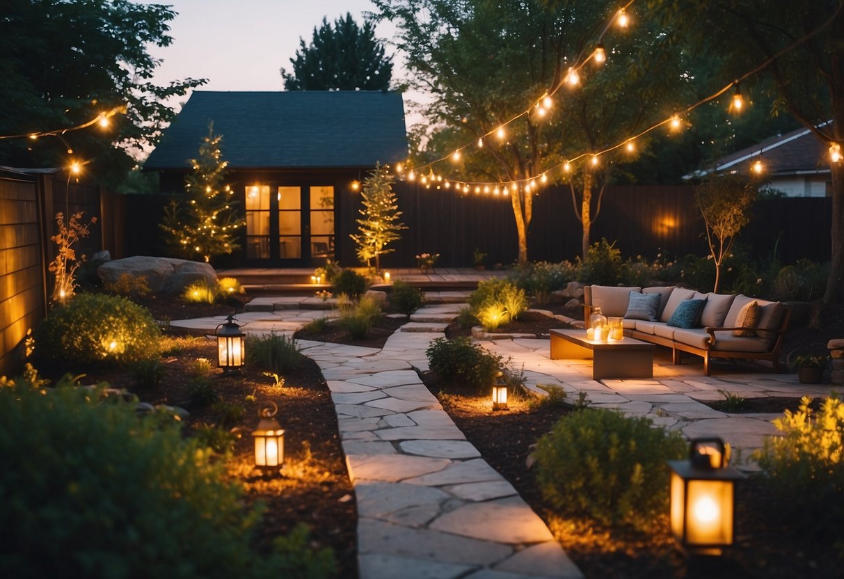 A backyard with 40 different outdoor lighting fixtures illuminating pathways, trees, and seating areas, creating a warm and inviting atmosphere