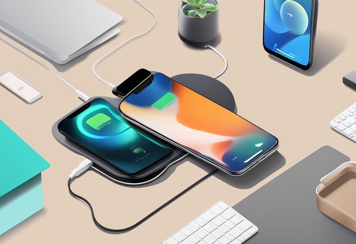 A hand reaches for a sleek, modern Qi charger on a desk, surrounded by corporate branding and gift packaging