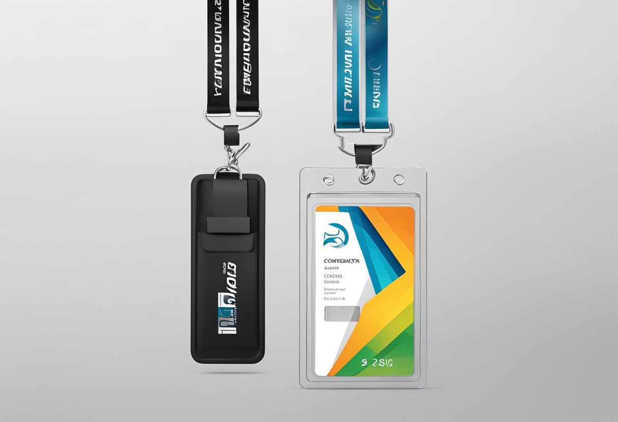 A lanyard card holder with company logo, adjustable strap, and clear ID pocket, displayed against a clean, modern backdrop
