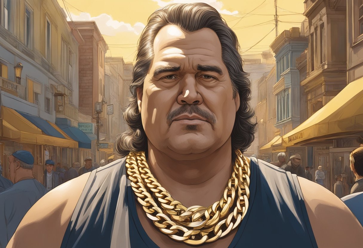 Big Ed's neck was encircled by a massive gold chain, drawing attention to his imposing presence. The chain glinted in the sunlight, emphasizing his powerful public image