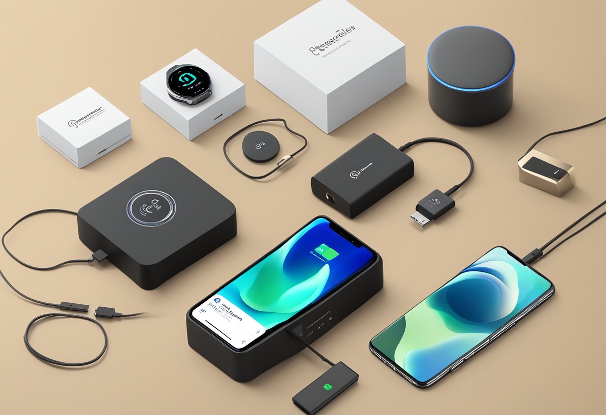 A sleek Qi charger with "Frequently Asked Questions" displayed on a corporate gift box, surrounded by office supplies and a branded logo