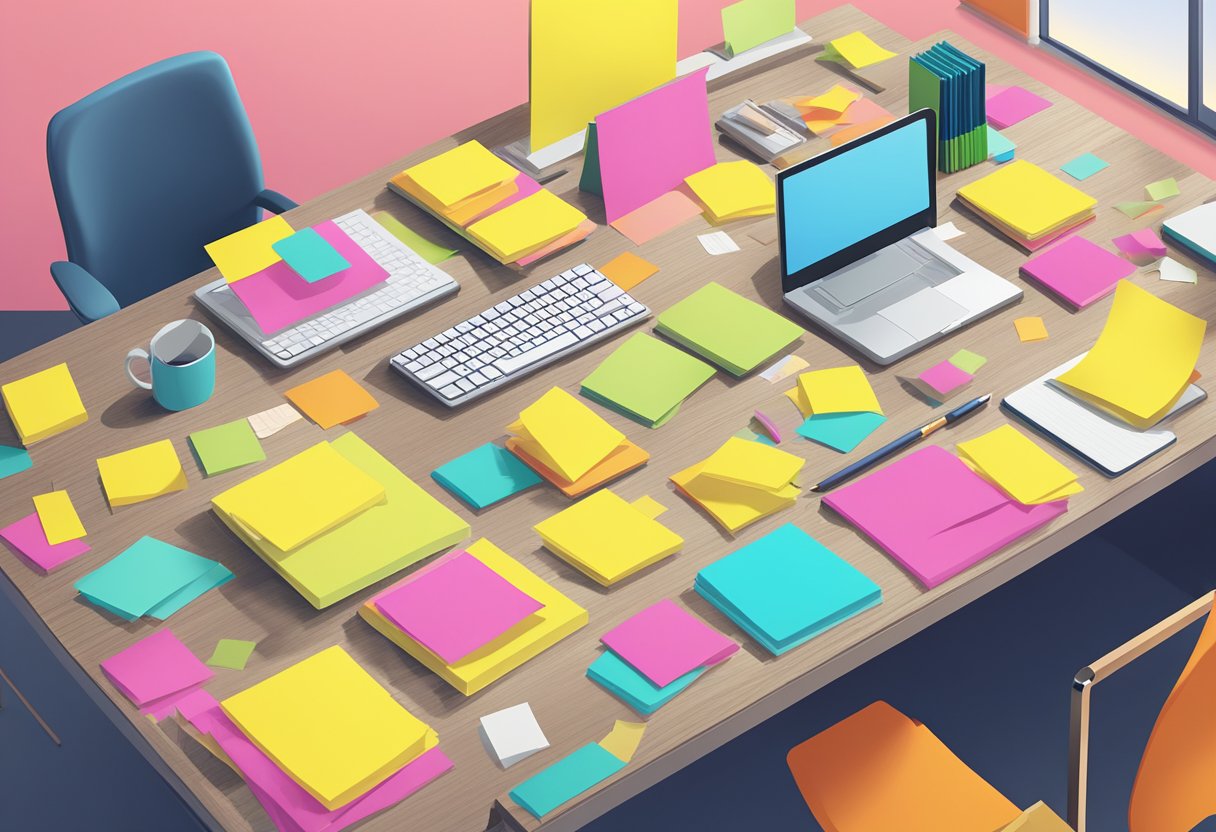 A desk cluttered with customised post-it notes in various colors and sizes