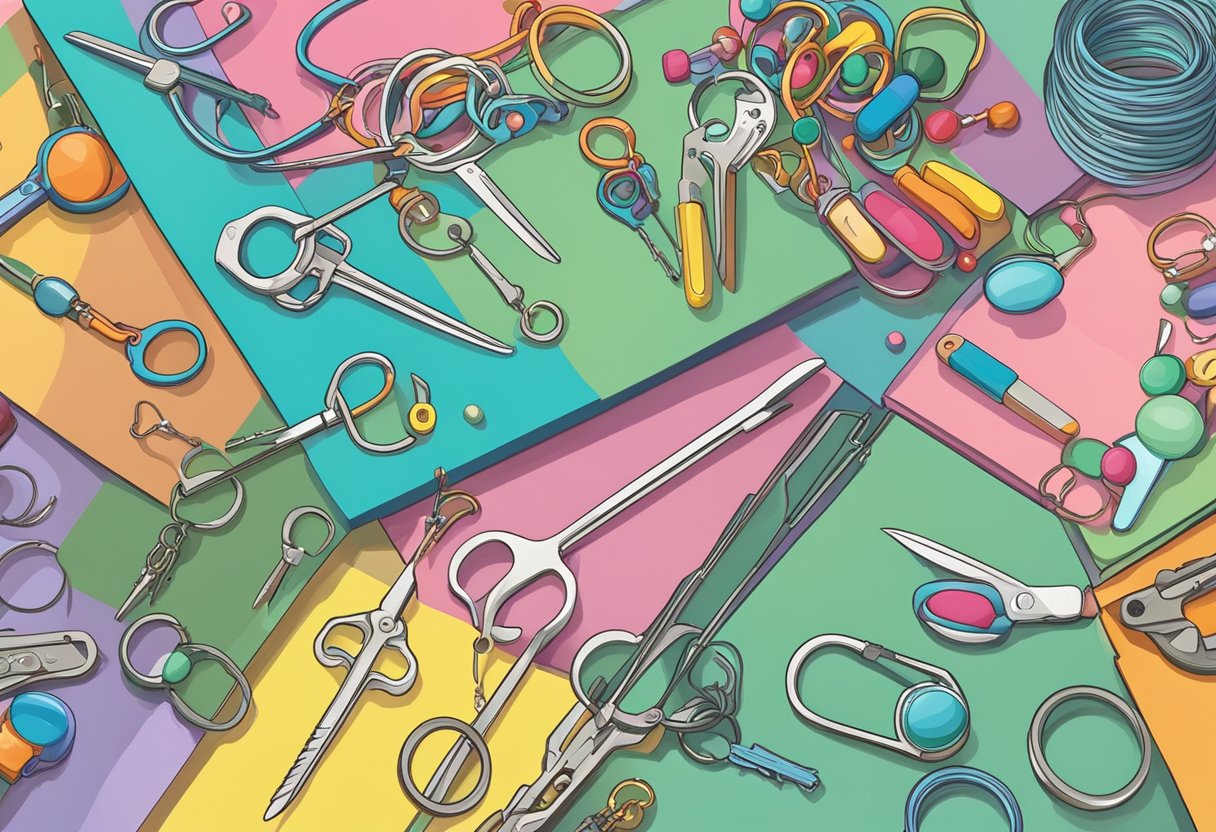 Colorful keychains hang from hooks, surrounded by beads, charms, and tools. A table holds pliers, wire, and various keyring shapes