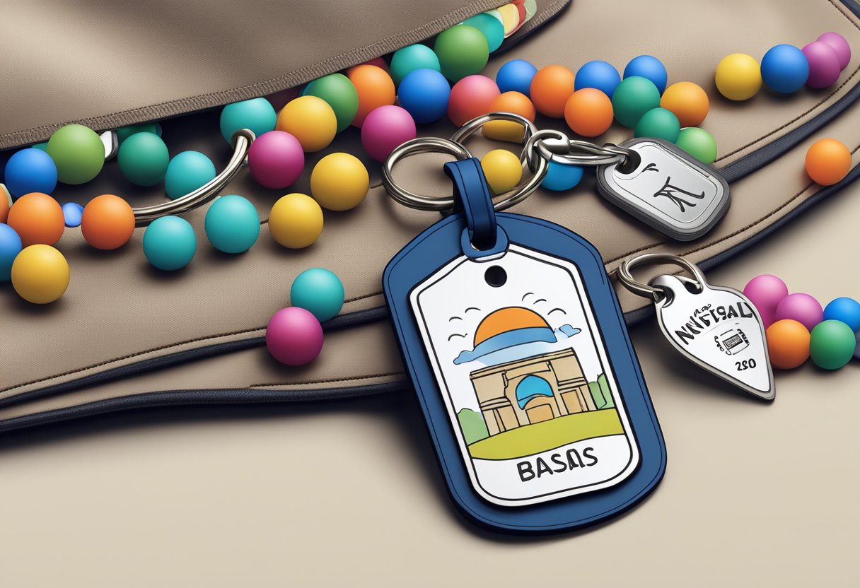 A customised keychain hanging from a backpack, with a name engraved on a metal tag and colorful beads attached