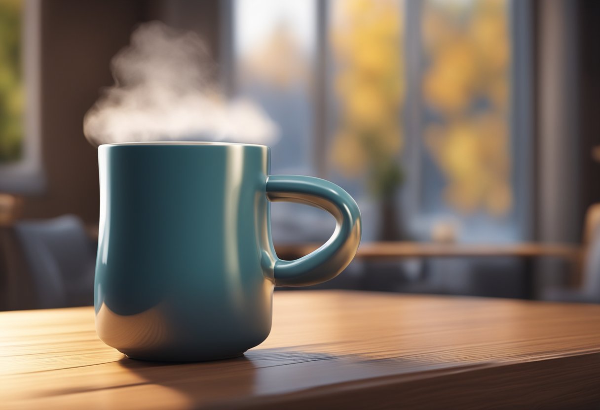 A custom double wall mug sits on a wooden table, steam rises from the hot beverage inside, with a cozy setting in the background