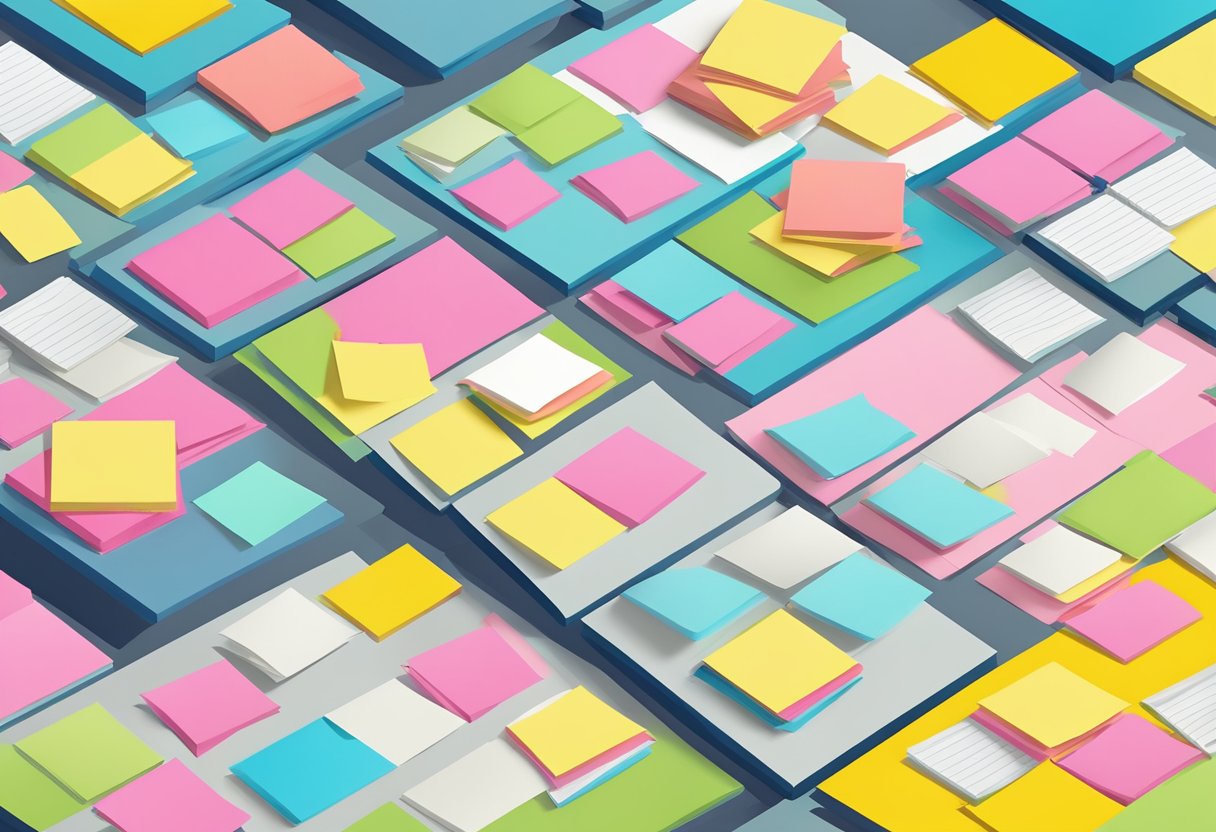 A desk with various customised Post-It notes scattered around, each with different colors and designs