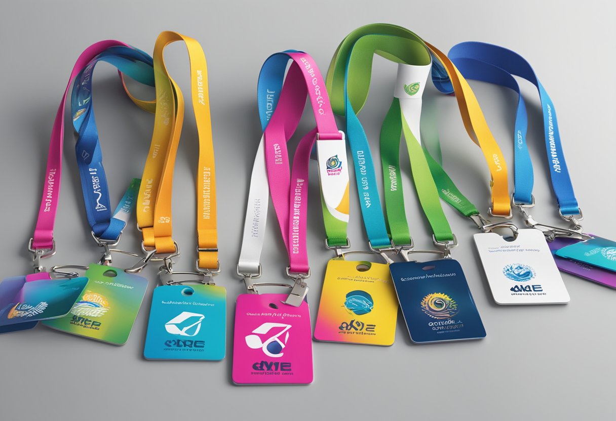 A group of customized lanyard card holders are displayed on a table at a bustling marketing event. The vibrant colors and sleek design catch the eye of passersby