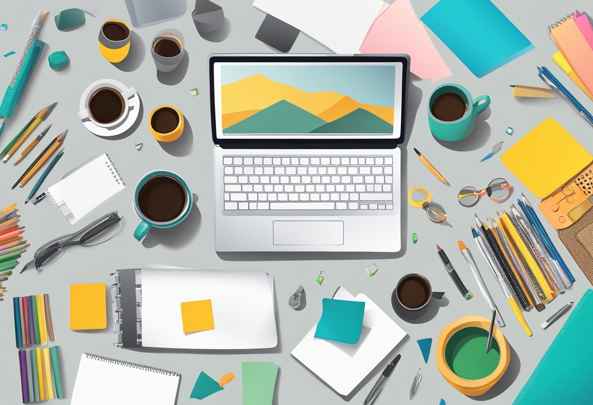 A table with a blank coffee tumbler, surrounded by various design tools and materials like markers, paint, and stickers