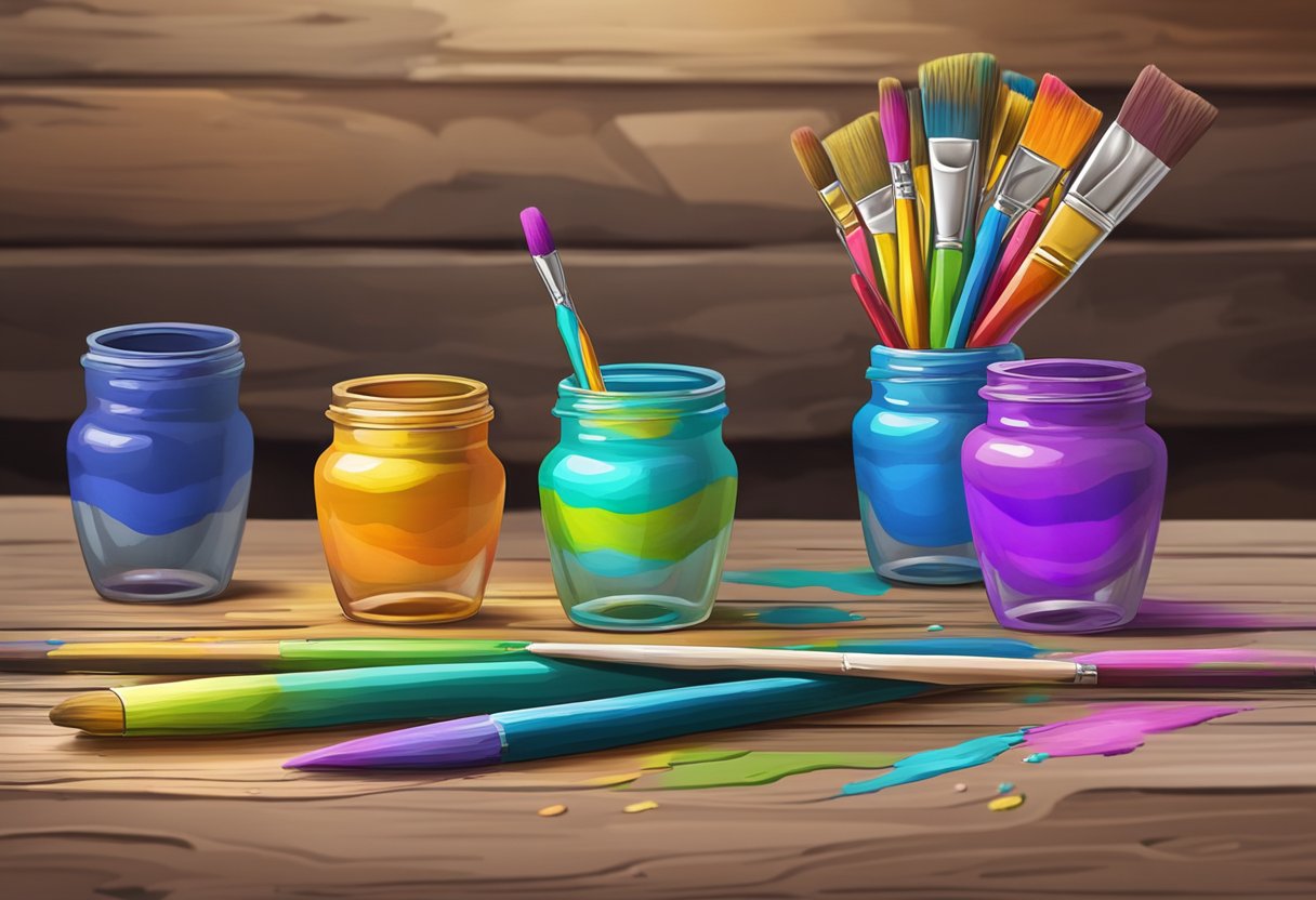 A hand-painted shot glass with a unique design sits on a rustic wooden surface, surrounded by colorful paintbrushes and small jars of paint